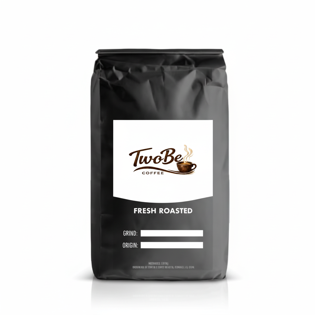 Black coffee bag with new TwoBe Coffee logo